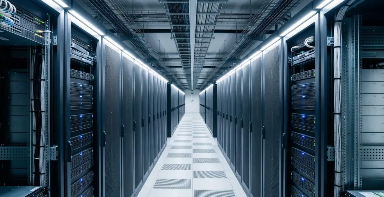 Allée centrale d'un data center moderne avec rangées symétriques de baies serveurs, câblage organisé en partie haute et éclairage LED bleu et blanc