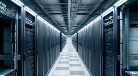 Allée centrale d'un data center moderne avec rangées symétriques de baies serveurs, câblage organisé en partie haute et éclairage LED bleu et blanc