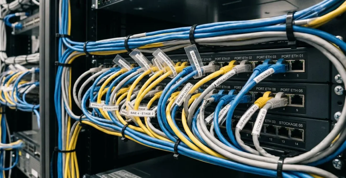 Gros plan sur panneau arrière de serveur rack montrant câblage réseau organisé avec connexions RJ45 multiples et étiquettes de numérotation