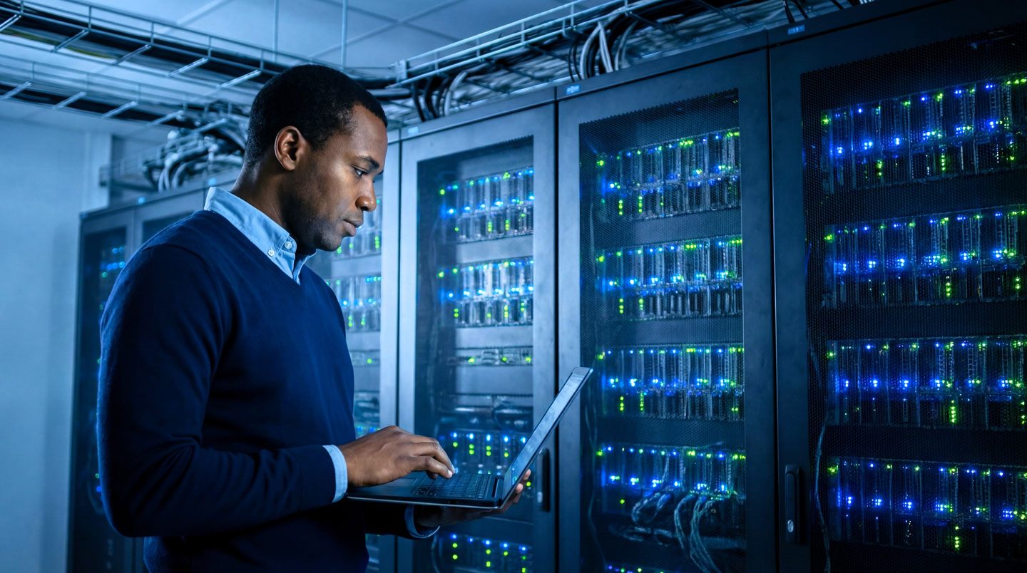 Technicien data center en gants antistatiques effectuant une intervention technique sur un serveur dans une baie rack ouverte