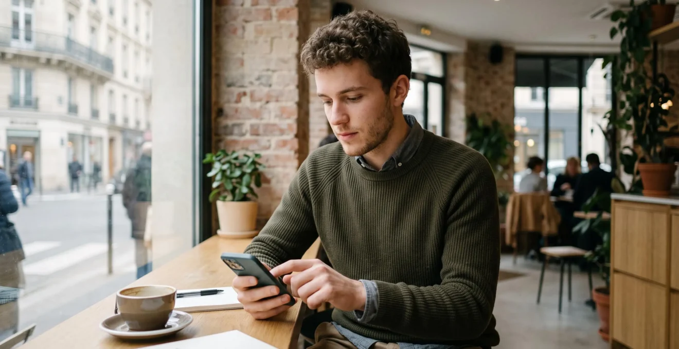 Jeune actif consultant son application bancaire mobile sur son smartphone dans un environnement urbain moderne