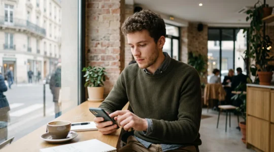 Jeune actif consultant son application bancaire mobile sur son smartphone dans un environnement urbain moderne