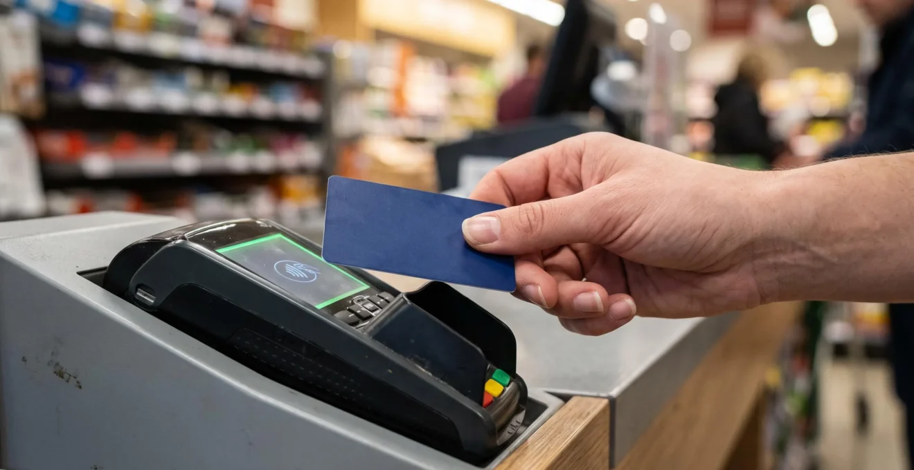 Main d'un jeune actif effectuant un paiement sans contact avec une carte bancaire